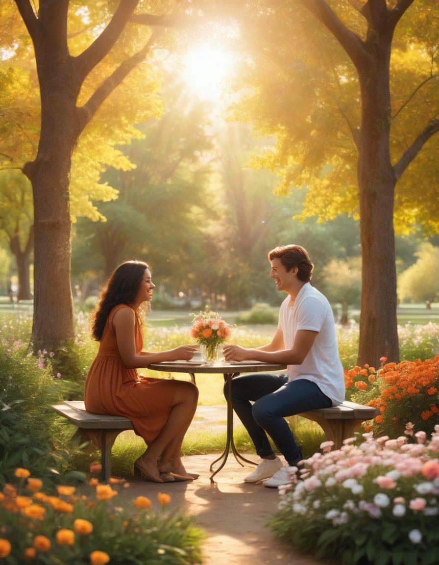A warm, inviting scene unfolding in a beautiful park, featuring two diverse couples sharing laughter and meaningful conversations, surrounded by blooming flowers symbolizing growth and connection. In the background, soft sunlight filters through the trees, casting a golden hue, enhancing the theme of love and friendship. Heart-shaped elements subtly integrated into the scenery. super-realistic. vibrant colors. dreamy atmosphere.
