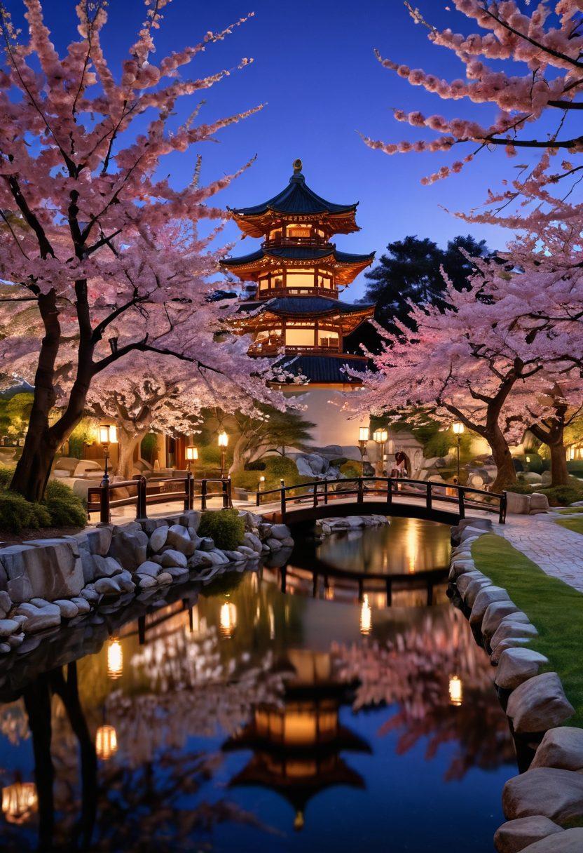 A serene landscape featuring a traditional Asian garden at twilight, with cherry blossom trees in full bloom, a gentle stream, and couples symbolizing passionate love engaged in tender moments. The background showcases ancient architecture softly lit by lanterns, creating a romantic ambiance. Vivid colors enhance the emotional depth of the scene. super-realistic. vibrant colors. serene atmosphere.